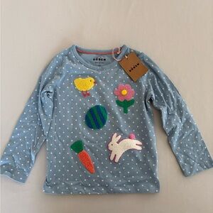 Boden Girls' NWT 3-4 yr pale Blue Dot long sleeve  Top with Appliq Easter/spring
